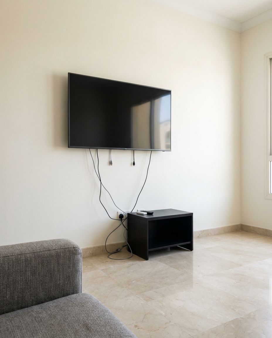 Living room TV wall before: TV on a bare wall with loose cables and a small black stand